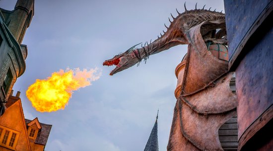 Harry Potter World Dragon Breathing Fire over Gringotts