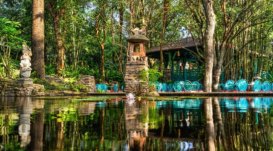 Outdoor lake patio at Flame Tree BBQ Animal Kingdom